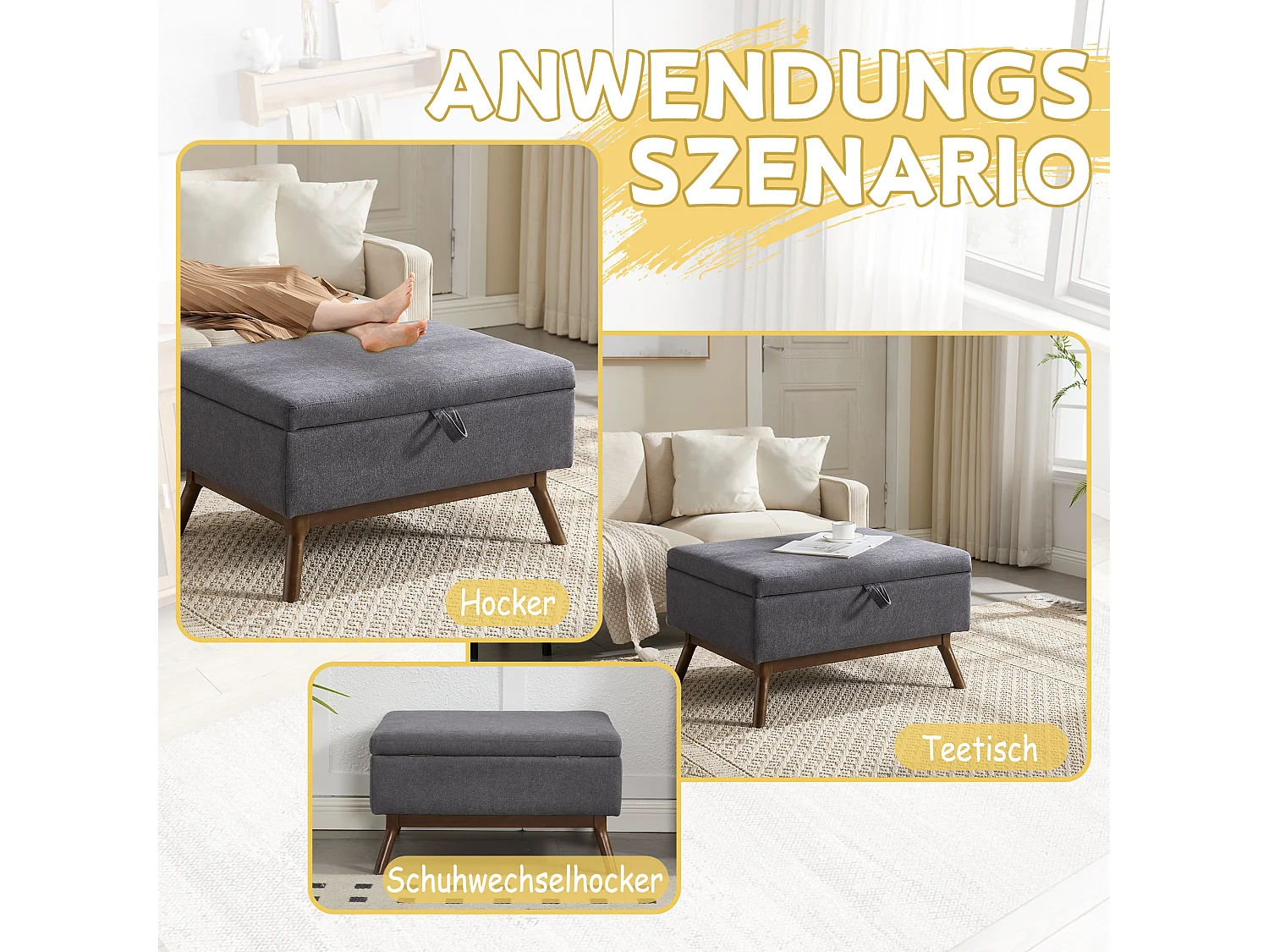 Pouf Coffre Multifonction en Lin et Coton Écru Gris - Design Rétro Chic - Assise, Rangement et Déco pour Maison