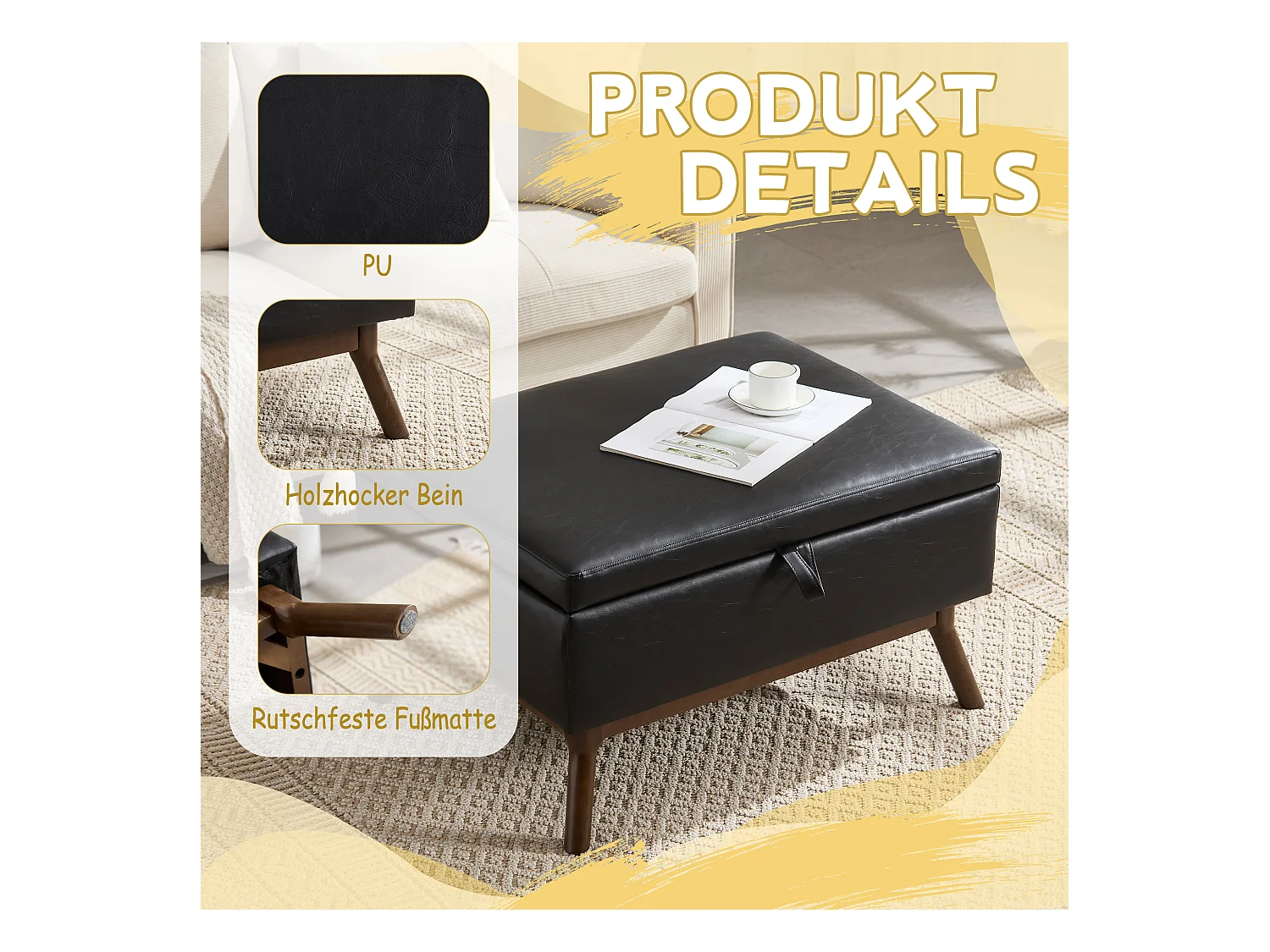 Pouf Coffre Multifonction en Simili Cuir Noir - Design Rétro Chic - Assise, Rangement et Déco pour Maison