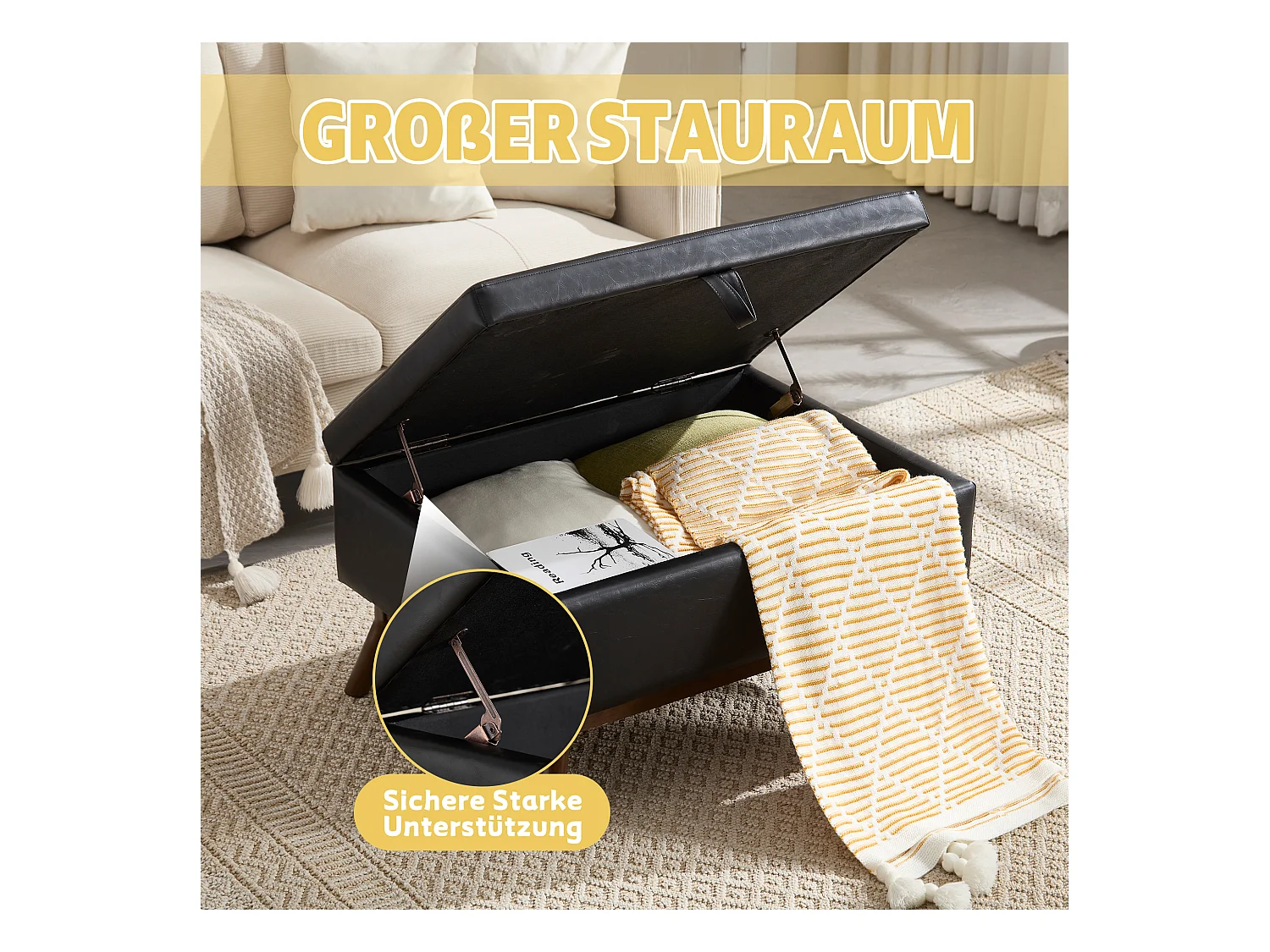 Pouf Coffre Multifonction en Simili Cuir Noir - Design Rétro Chic - Assise, Rangement et Déco pour Maison