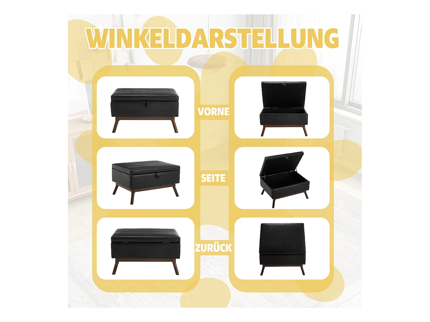 Pouf Coffre Multifonction en Simili Cuir Noir - Design Rétro Chic - Assise, Rangement et Déco pour Maison