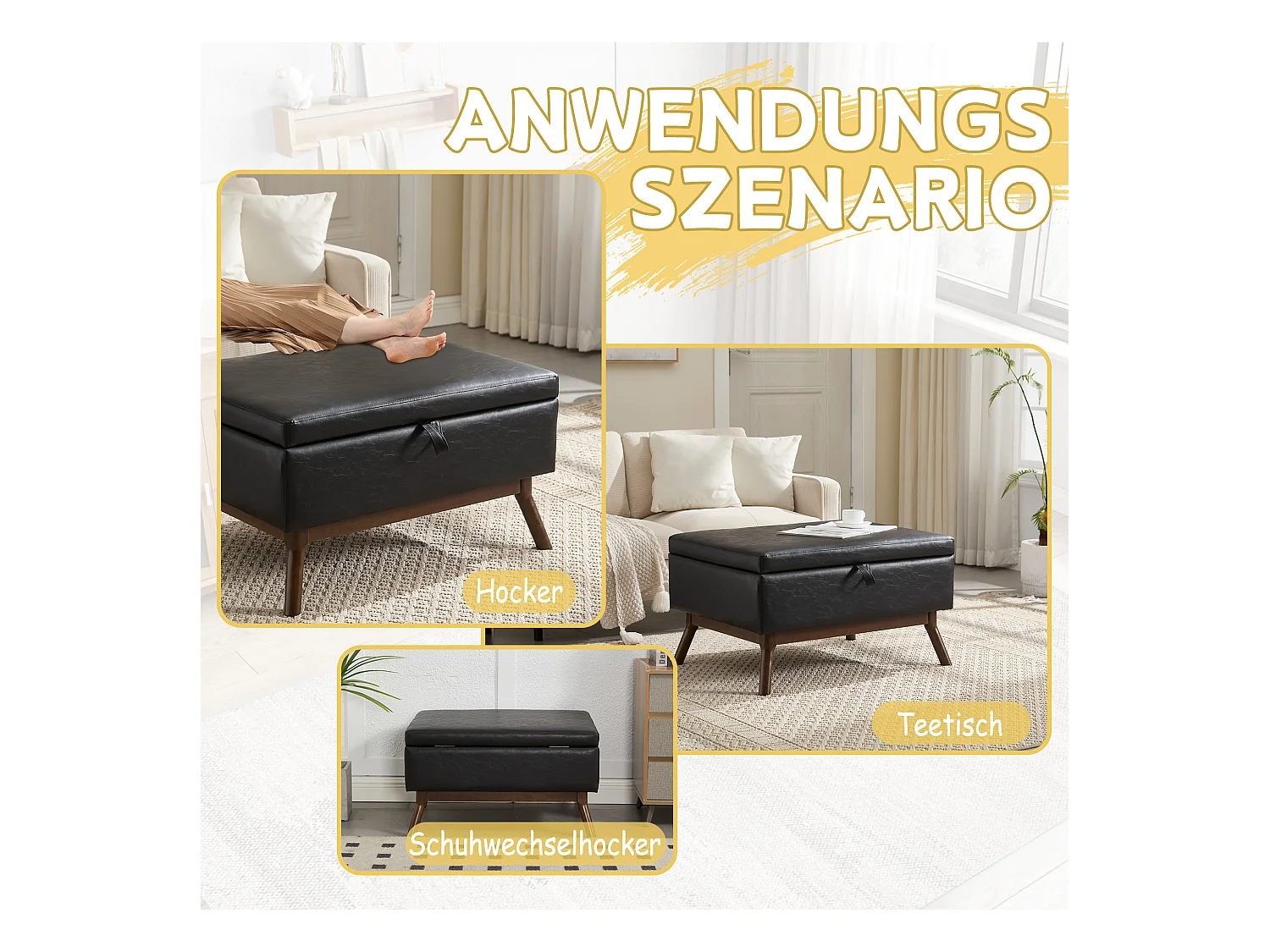 Pouf Coffre Multifonction en Simili Cuir Noir - Design Rétro Chic - Assise, Rangement et Déco pour Maison