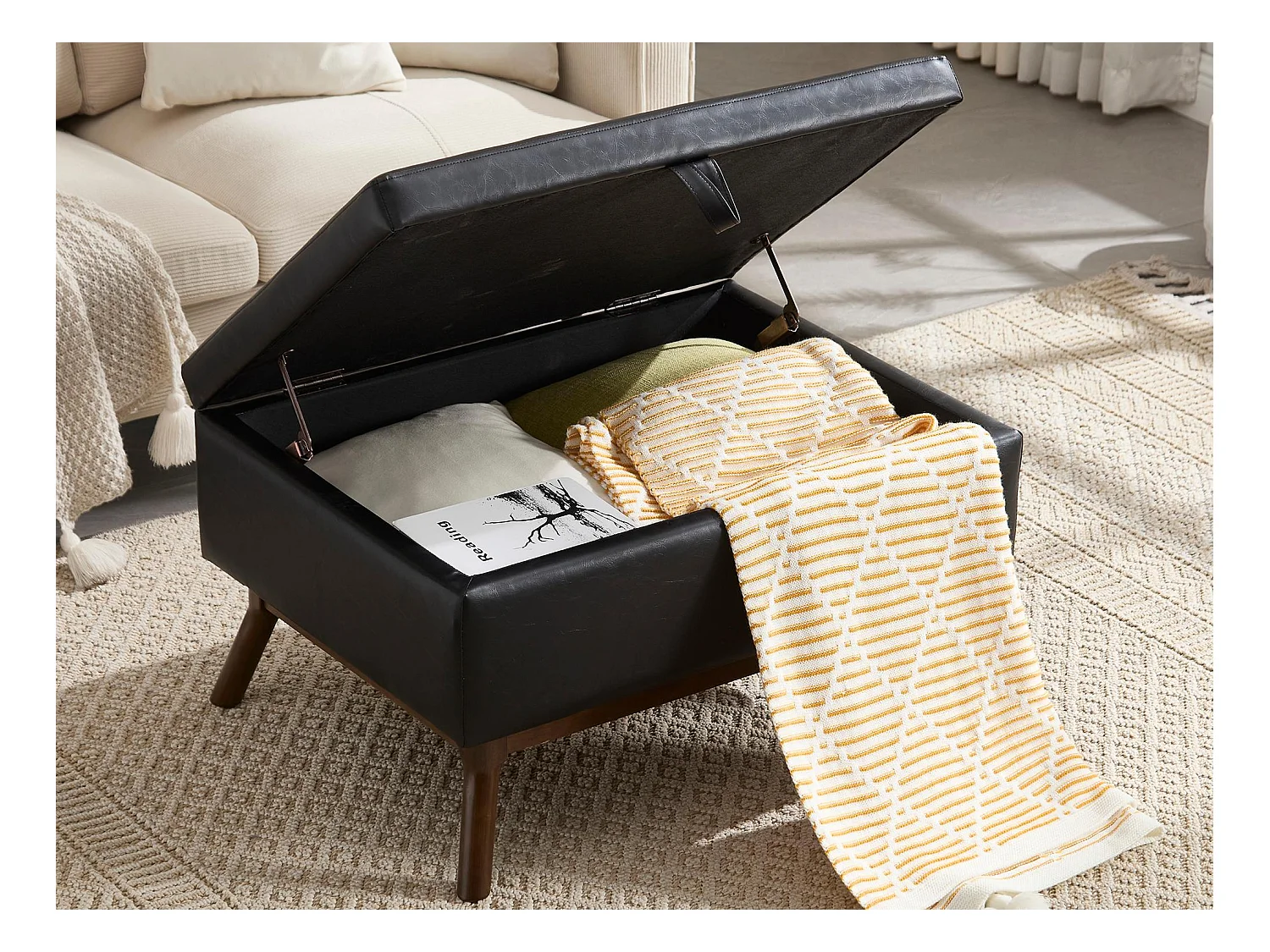 Pouf Coffre Multifonction en Simili Cuir Noir - Design Rétro Chic - Assise, Rangement et Déco pour Maison