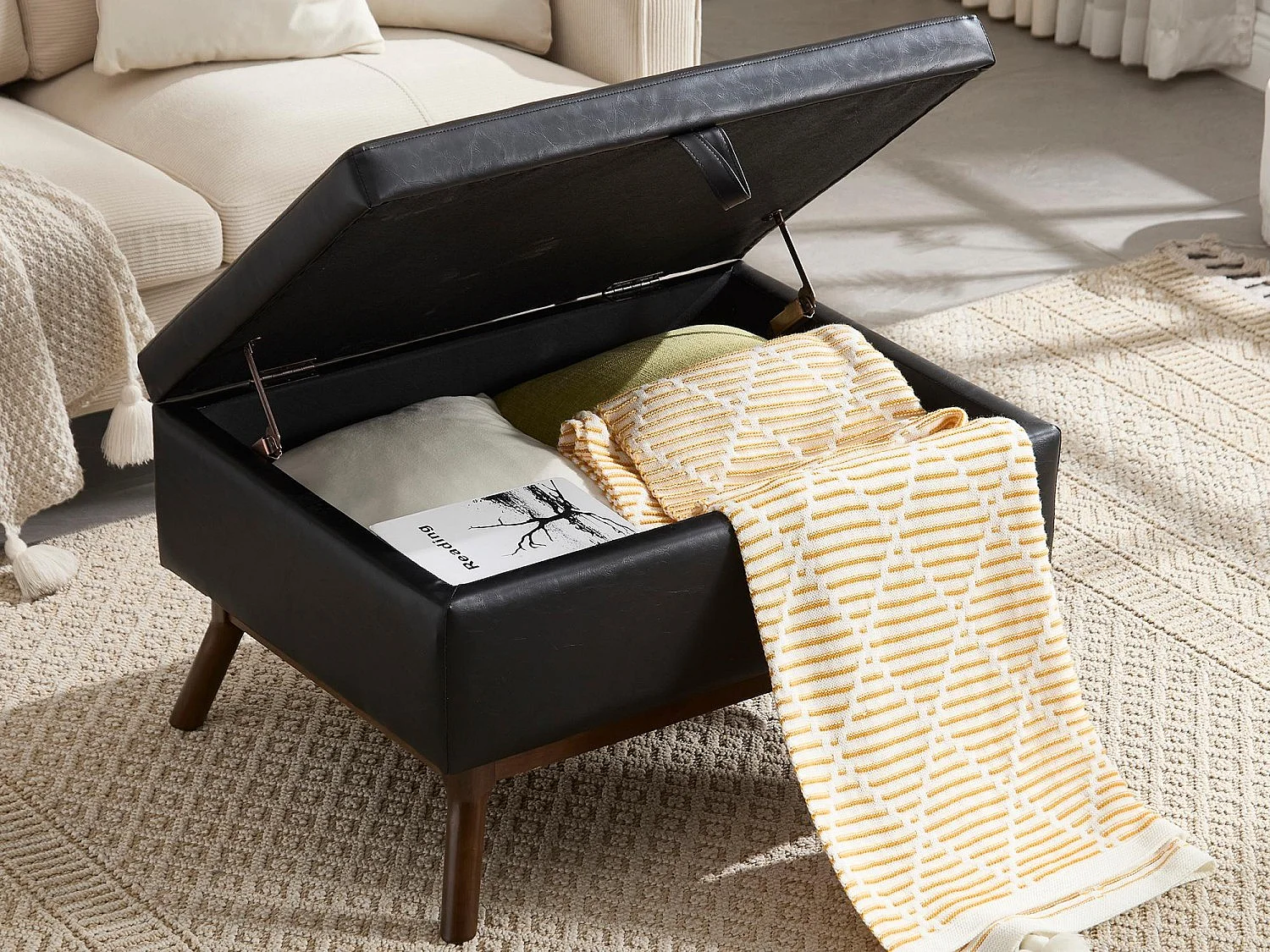 Pouf Coffre Multifonction en Simili Cuir Noir - Design Rétro Chic - Assise, Rangement et Déco pour Maison