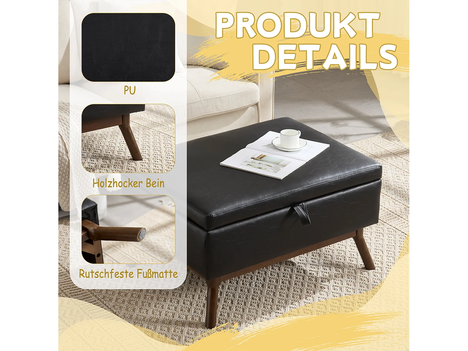 Pouf Coffre Multifonction en Simili Cuir Noir - Design Rétro Chic - Assise, Rangement et Déco pour Maison