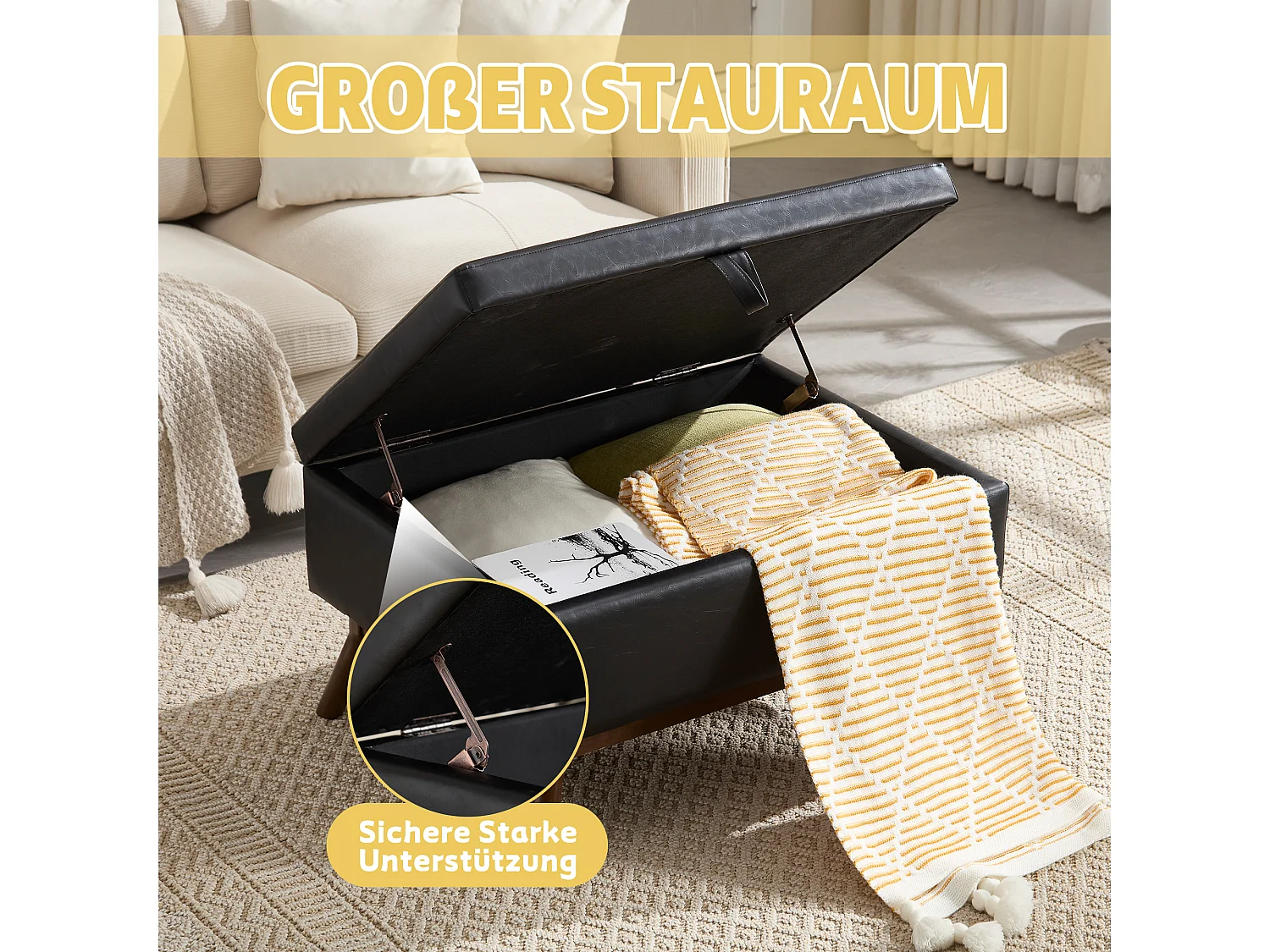 Pouf Coffre Multifonction en Simili Cuir Noir - Design Rétro Chic - Assise, Rangement et Déco pour Maison