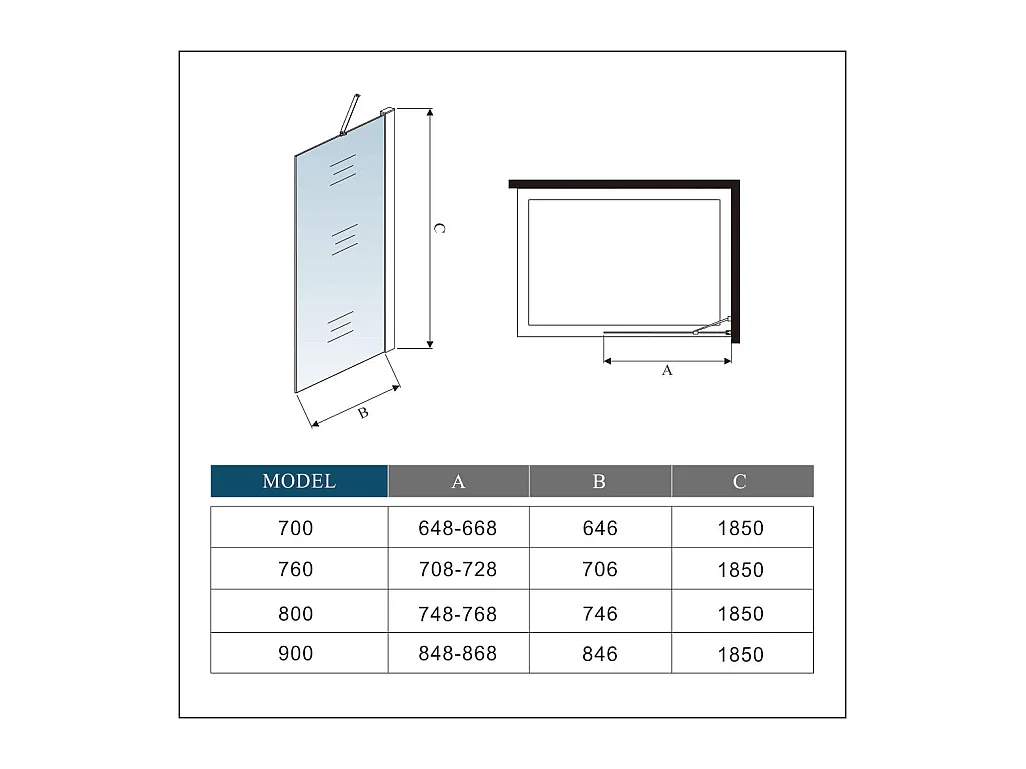 90x185 cm Sicherheitsglas walkin Duschtür Dsuche Duschabtrennung  730-1200mm Stützstange Schwarz