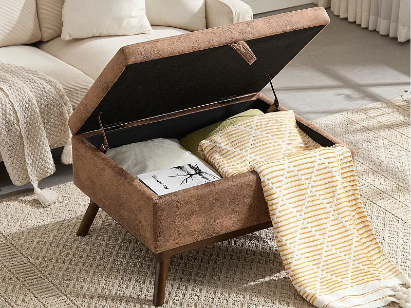 Pouf Coffre Multifonction en Microfibre Taupe  - Design Rétro Chic - Assise, Rangement et Déco pour Maison