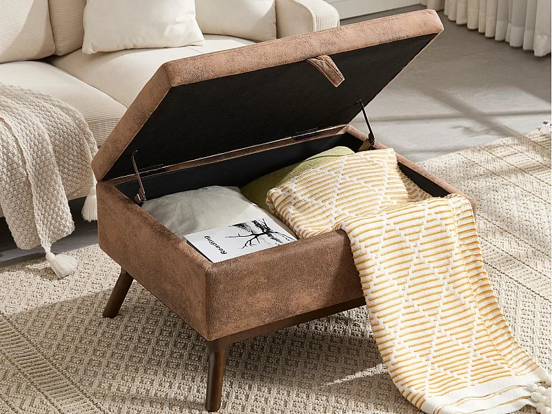 Pouf Coffre Multifonction en Microfibre Taupe  - Design Rétro Chic - Assise, Rangement et Déco pour Maison