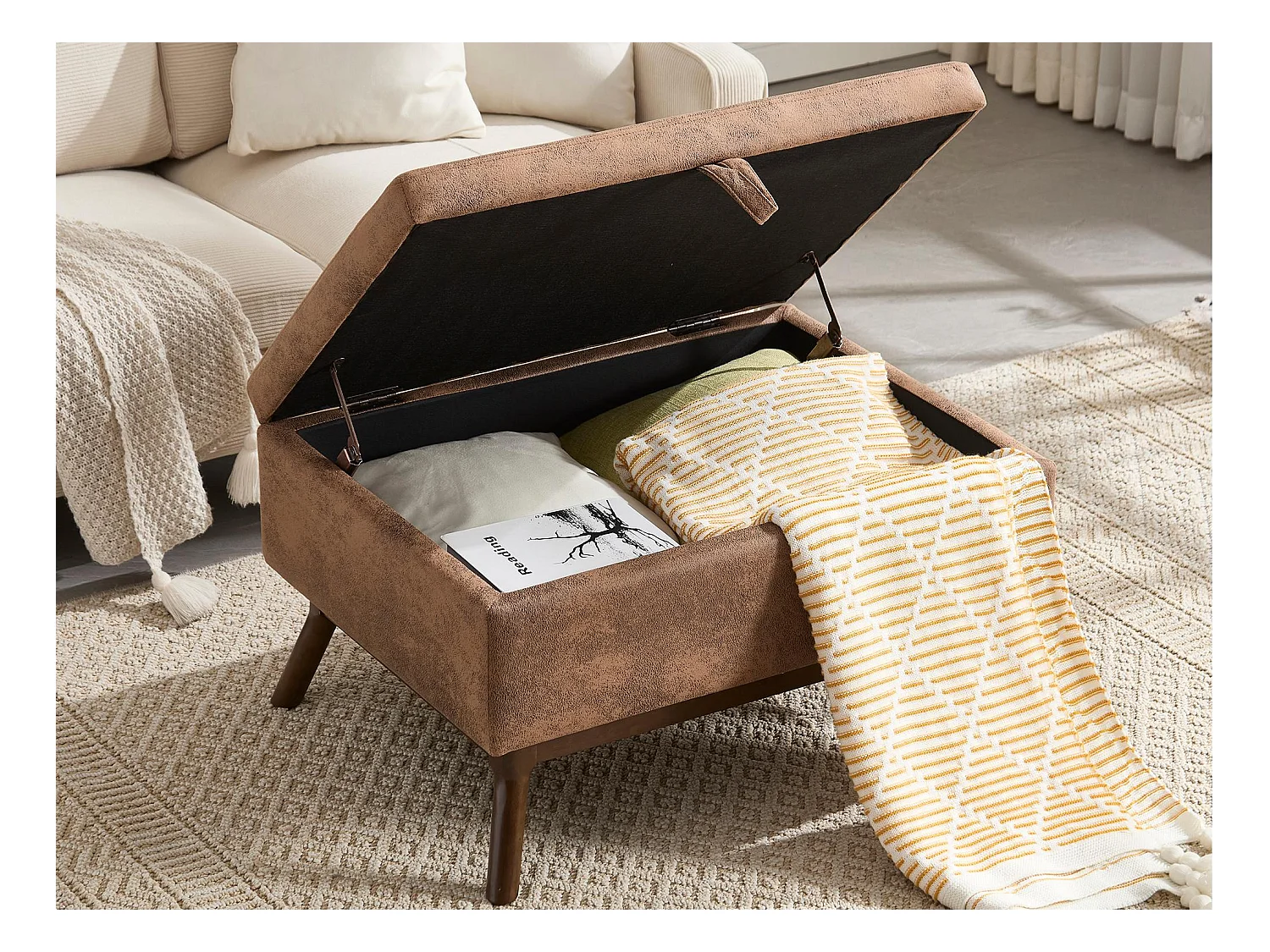 Pouf Coffre Multifonction en Microfibre Taupe  - Design Rétro Chic - Assise, Rangement et Déco pour Maison