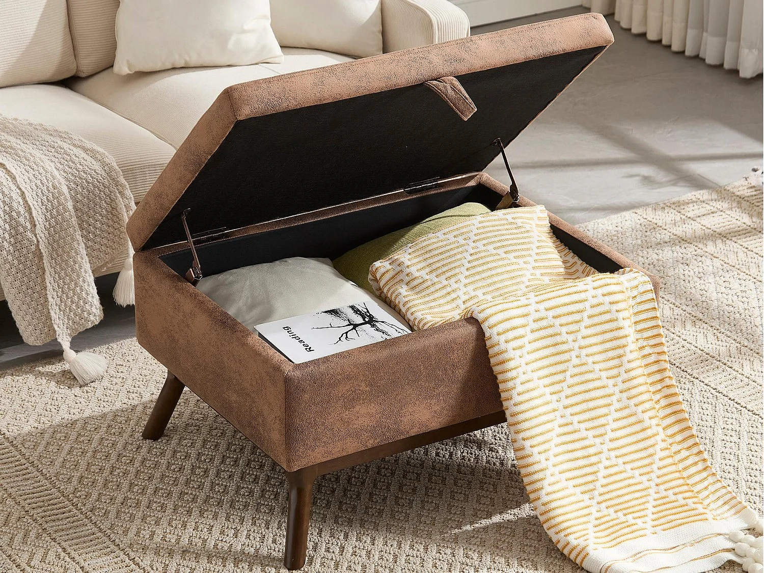 Pouf Coffre Multifonction en Microfibre Taupe  - Design Rétro Chic - Assise, Rangement et Déco pour Maison