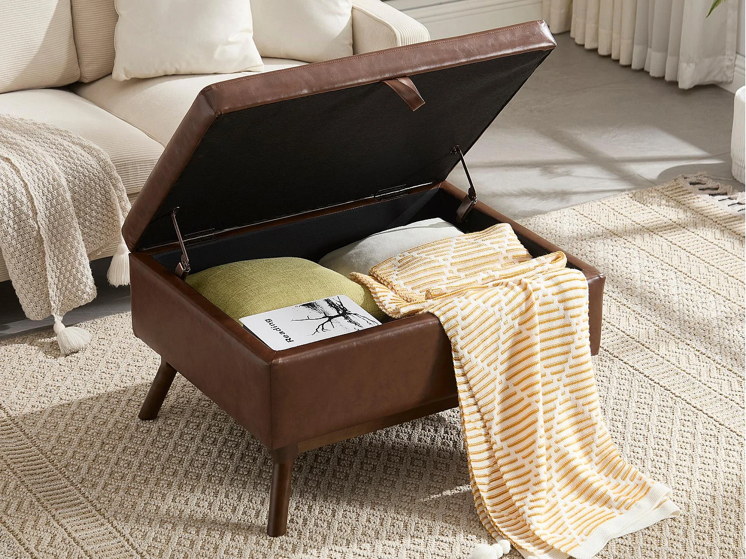 Pouf Coffre Multifonction en Simili Cuir Marron - Design Rétro Chic - Assise, Rangement et Déco pour Maison