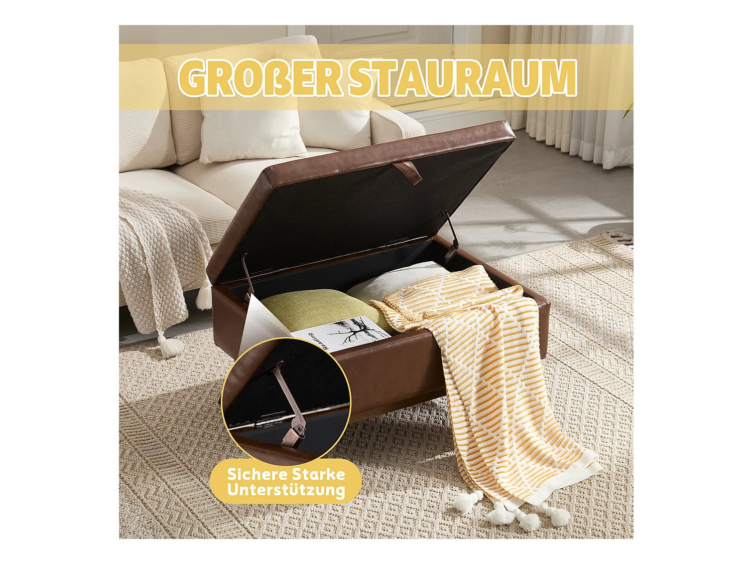 Pouf Coffre Multifonction en Simili Cuir Marron - Design Rétro Chic - Assise, Rangement et Déco pour Maison