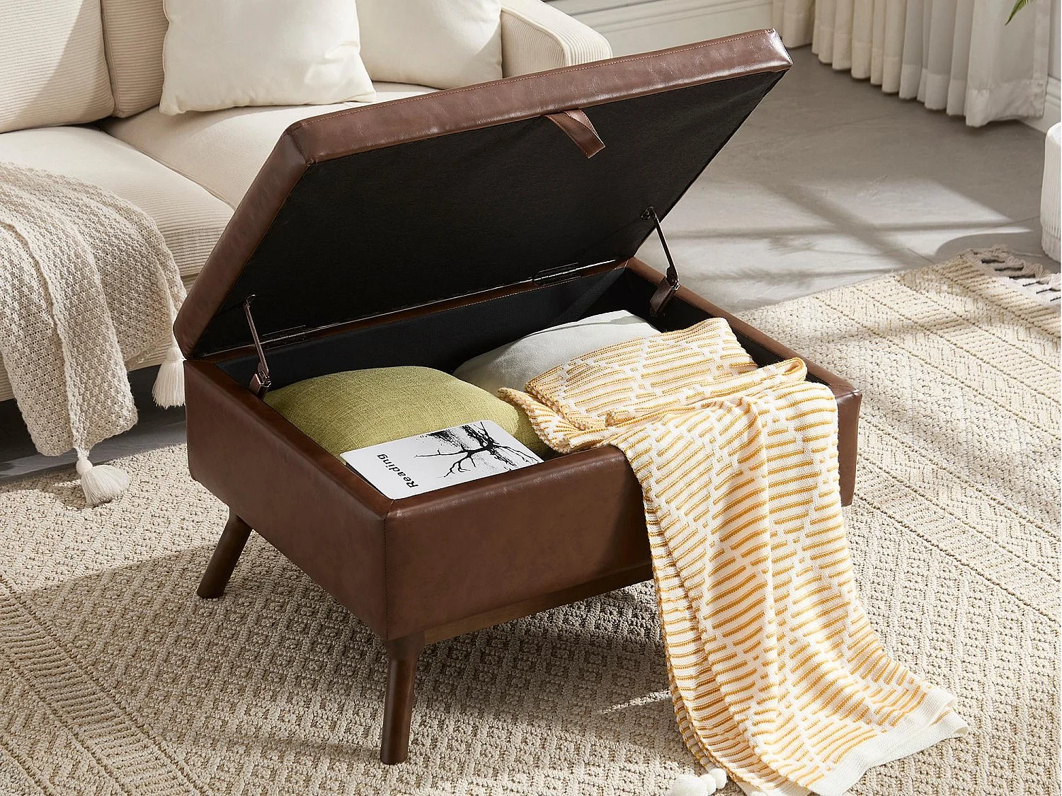 Pouf Coffre Multifonction en Simili Cuir Marron - Design Rétro Chic - Assise, Rangement et Déco pour Maison