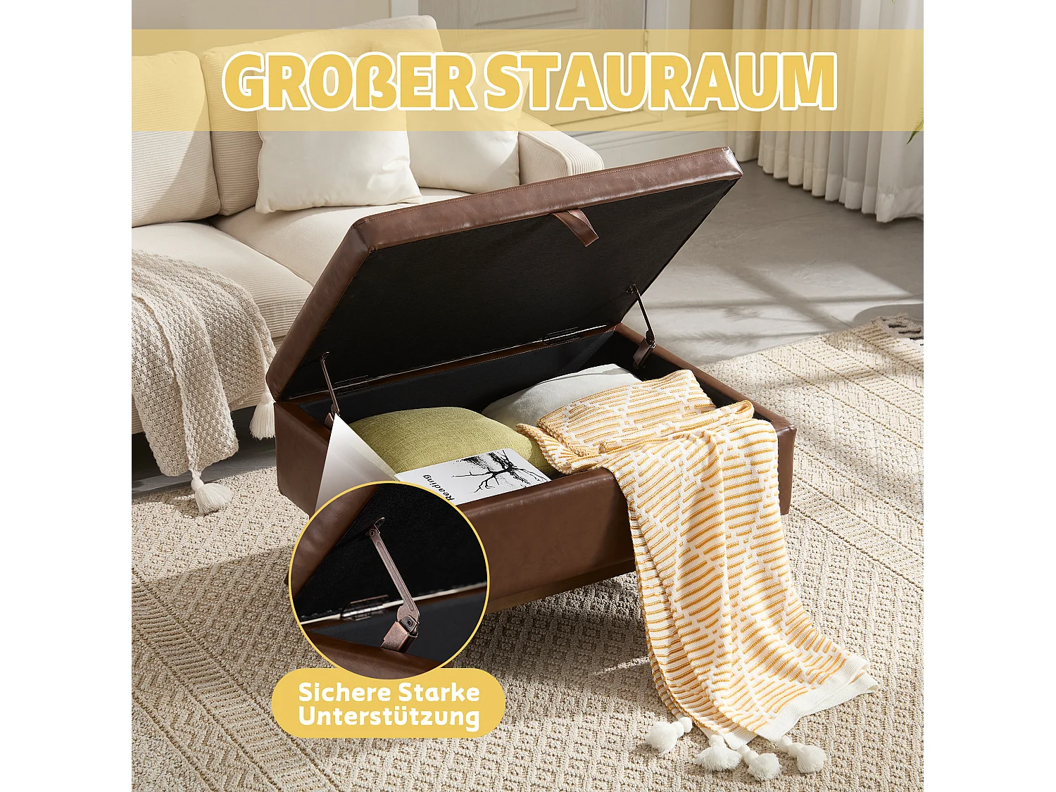 Pouf Coffre Multifonction en Simili Cuir Marron - Design Rétro Chic - Assise, Rangement et Déco pour Maison