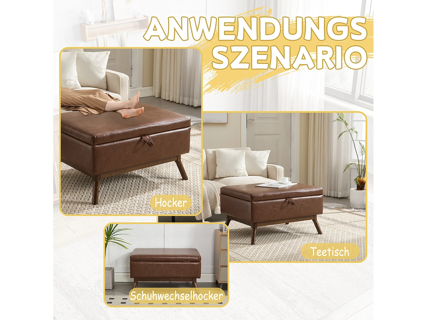 Pouf Coffre Multifonction en Simili Cuir Marron - Design Rétro Chic - Assise, Rangement et Déco pour Maison