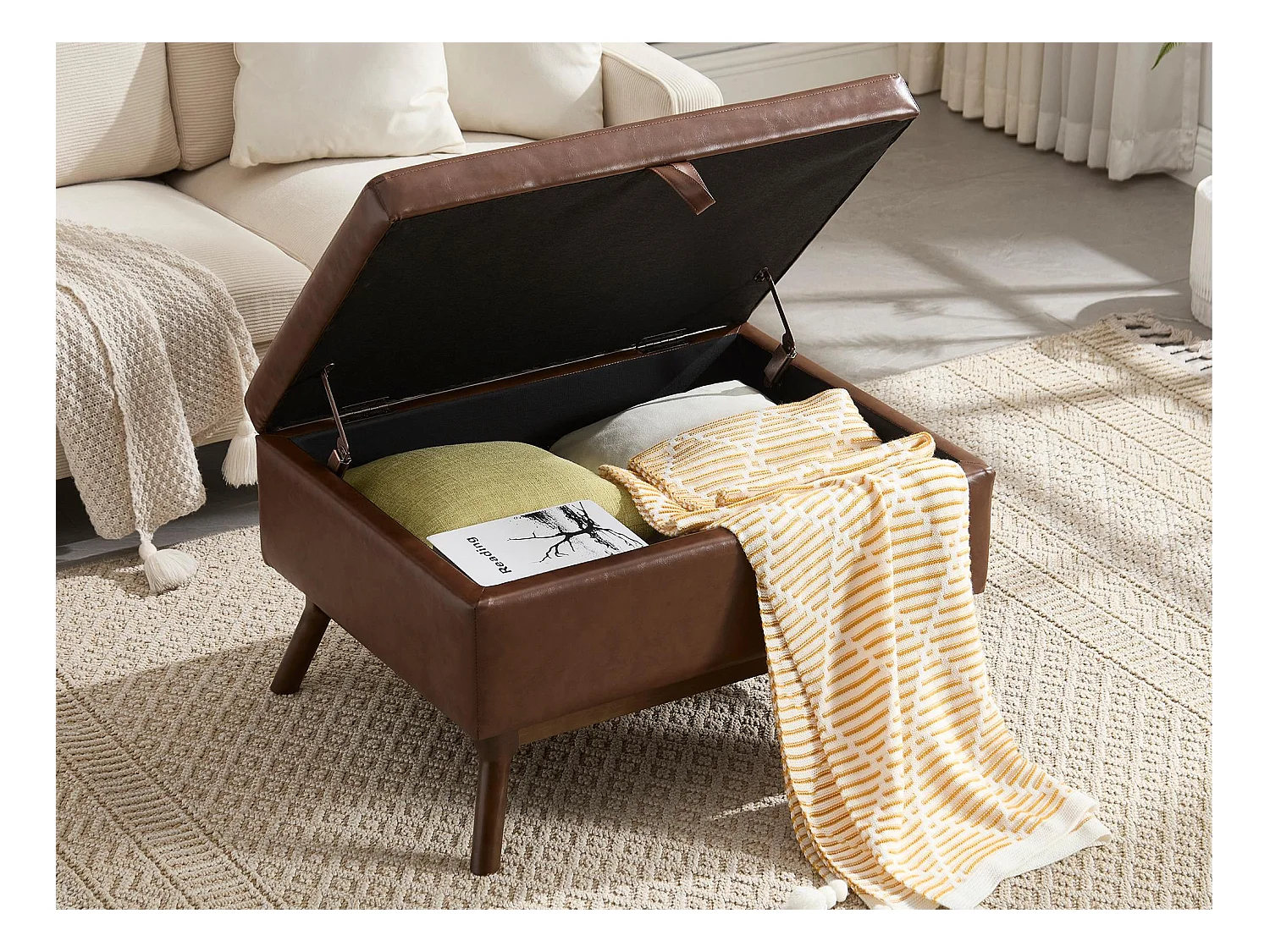 Pouf Coffre Multifonction en Simili Cuir Marron - Design Rétro Chic - Assise, Rangement et Déco pour Maison