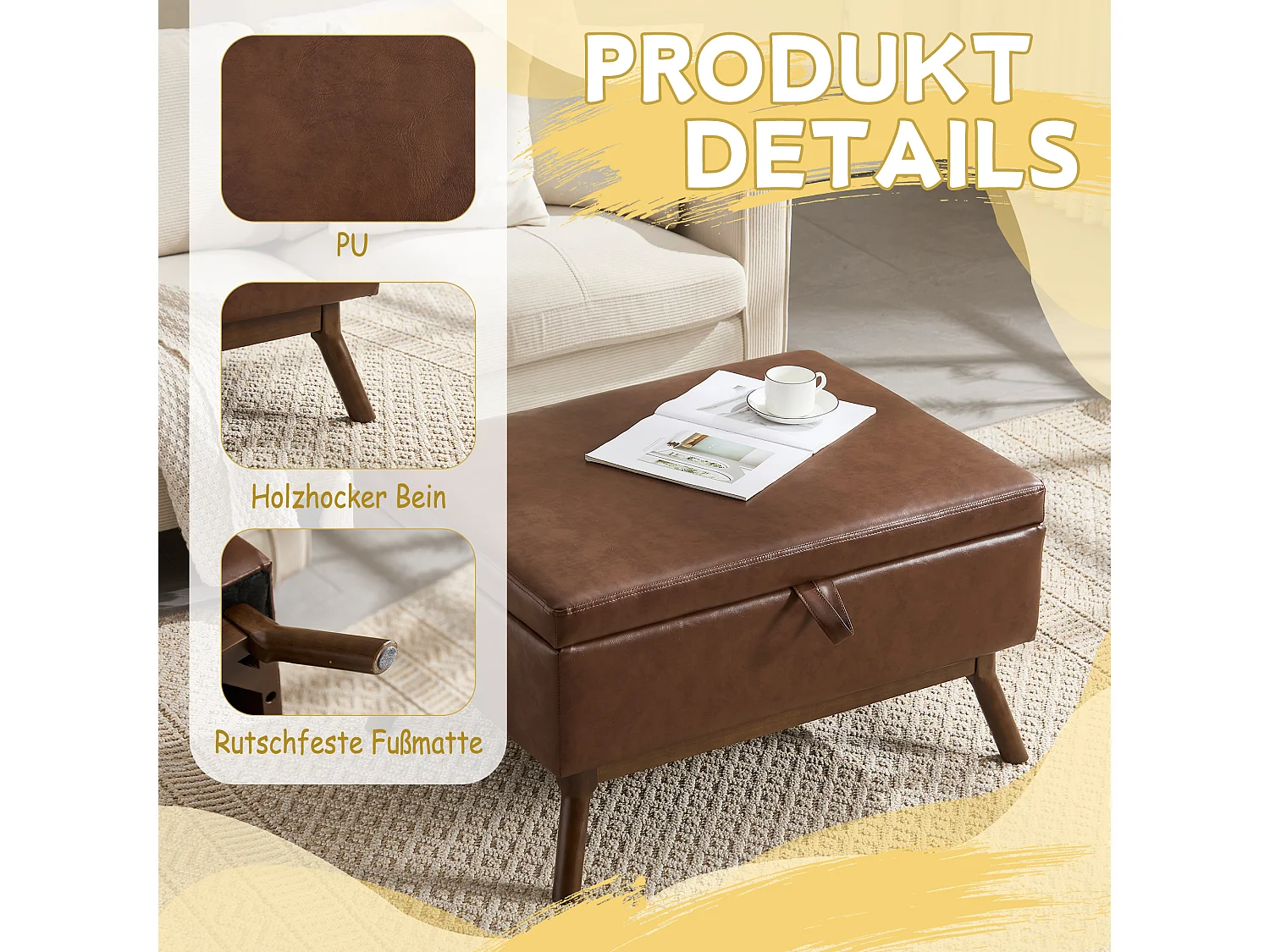 Pouf Coffre Multifonction en Simili Cuir Marron - Design Rétro Chic - Assise, Rangement et Déco pour Maison