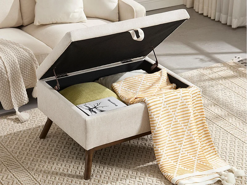 Pouf Coffre Multifonction en Lin et Coton Écru Beige - Design Rétro Chic - Assise, Rangement et Déco pour Maison