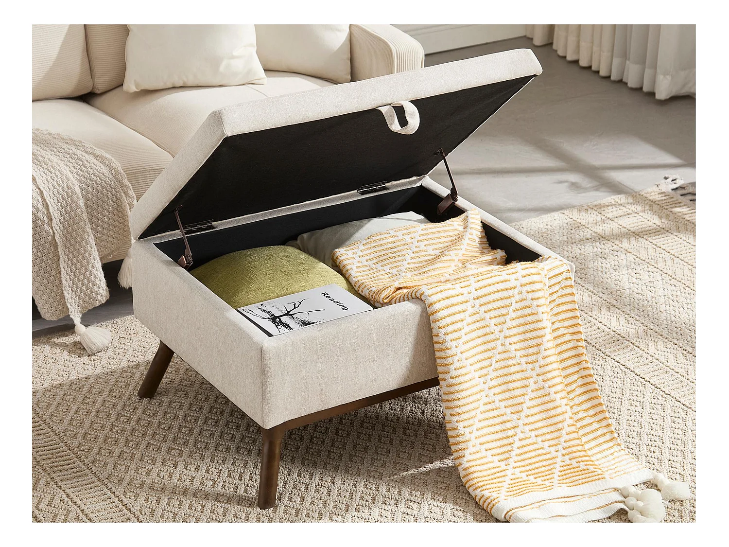 Pouf Coffre Multifonction en Lin et Coton Écru Beige - Design Rétro Chic - Assise, Rangement et Déco pour Maison