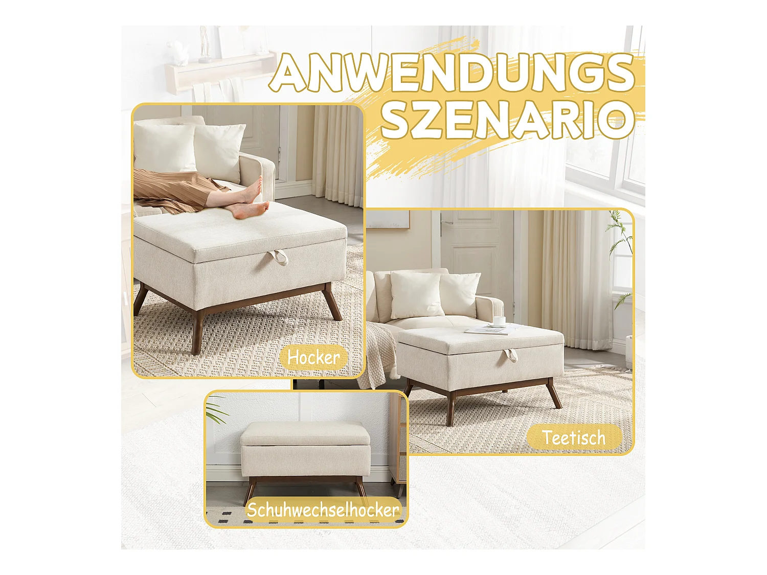 Pouf Coffre Multifonction en Lin et Coton Écru Beige - Design Rétro Chic - Assise, Rangement et Déco pour Maison