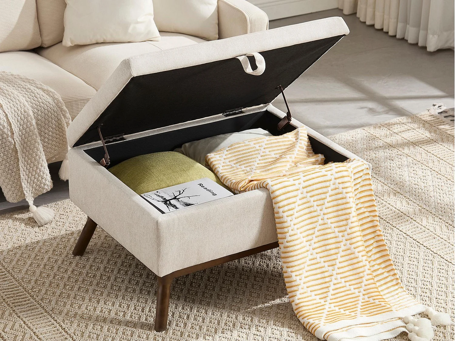 Pouf Coffre Multifonction en Lin et Coton Écru Beige - Design Rétro Chic - Assise, Rangement et Déco pour Maison