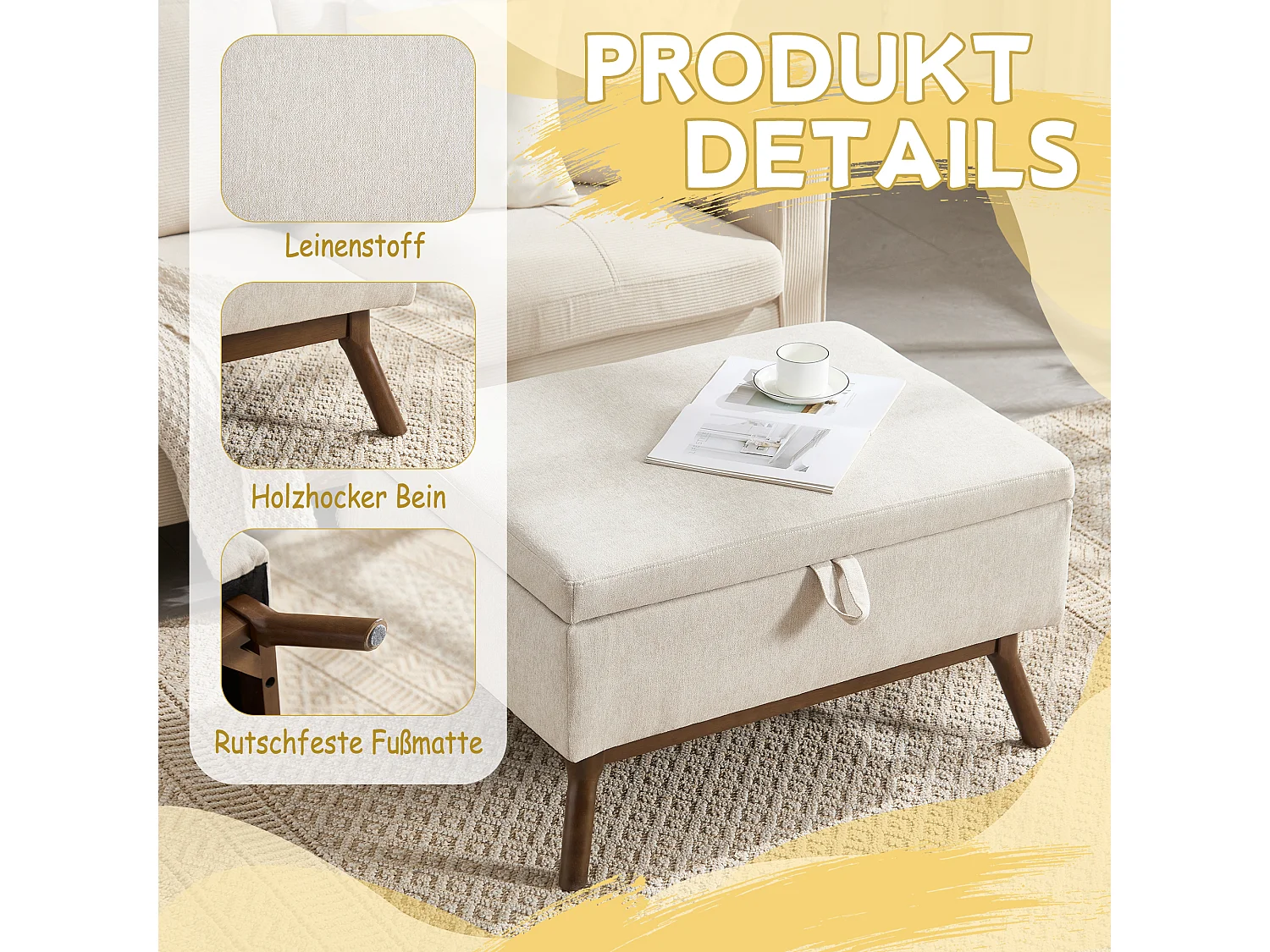 Pouf Coffre Multifonction en Lin et Coton Écru Beige - Design Rétro Chic - Assise, Rangement et Déco pour Maison