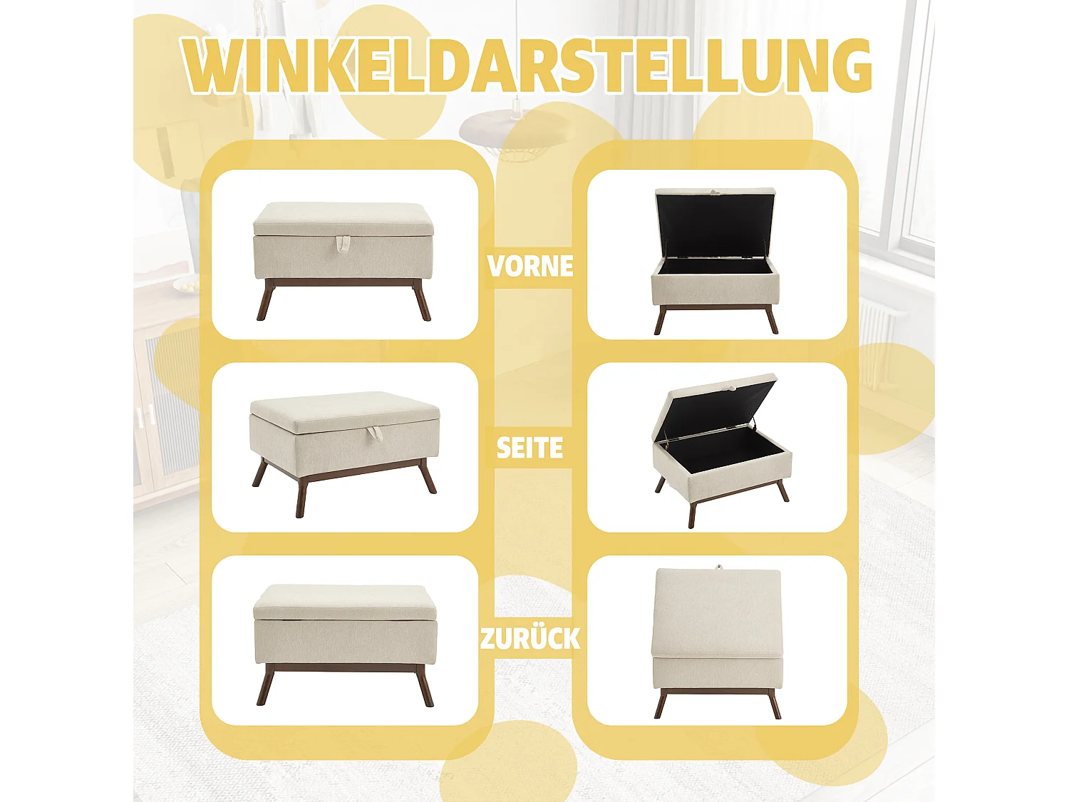 Pouf Coffre Multifonction en Lin et Coton Écru Beige - Design Rétro Chic - Assise, Rangement et Déco pour Maison