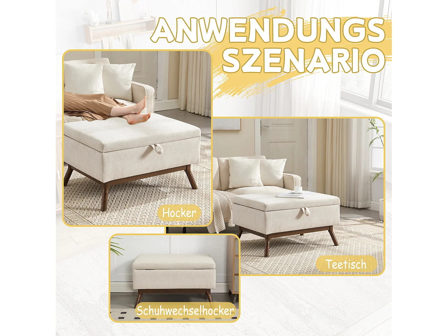 Multifunctionele Opbergkruk in Linnen en Katoen Naturel Beige - Retro Chic Design - Zitplaats, Opslag en Decoratie voor in Huis