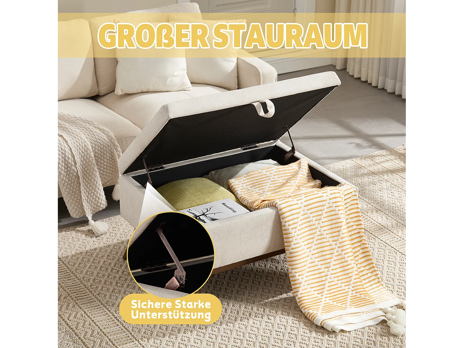 Multifunctionele Opbergkruk in Linnen en Katoen Naturel Beige - Retro Chic Design - Zitplaats, Opslag en Decoratie voor in Huis