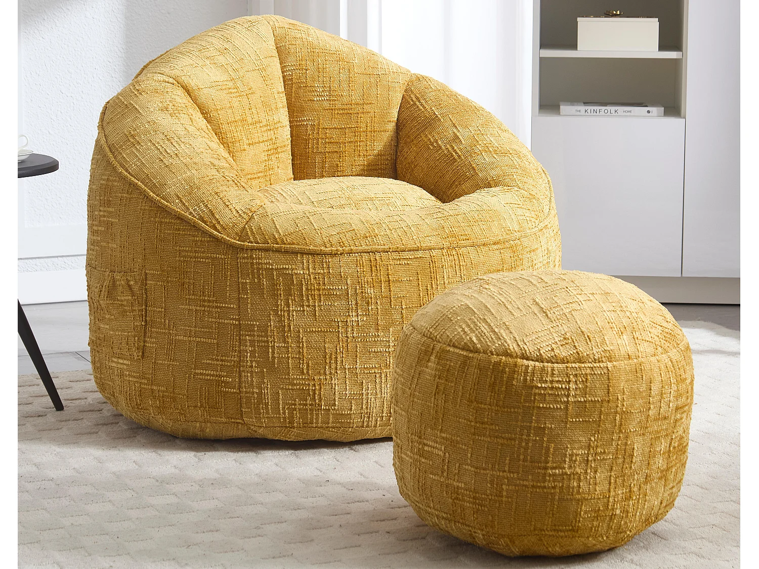 Pouf poire velours chenille jaune - ultra confortable – repose‑pieds inclus – poches latérales – parfait pour salon et chambre