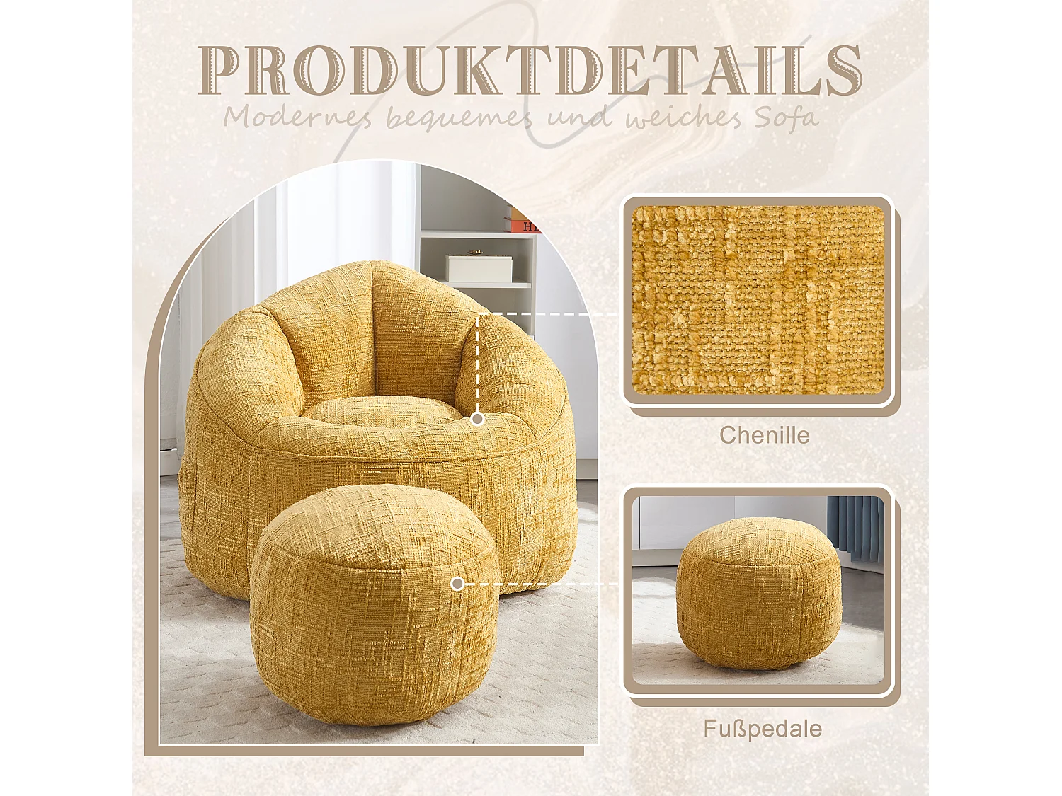 Pouf poire velours chenille jaune - ultra confortable – repose‑pieds inclus – poches latérales – parfait pour salon et chambre