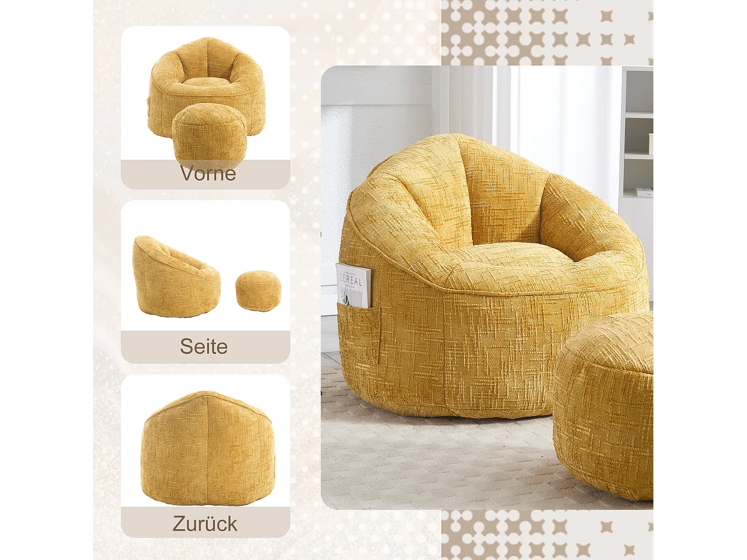 Pouf poire velours chenille jaune - ultra confortable – repose‑pieds inclus – poches latérales – parfait pour salon et chambre