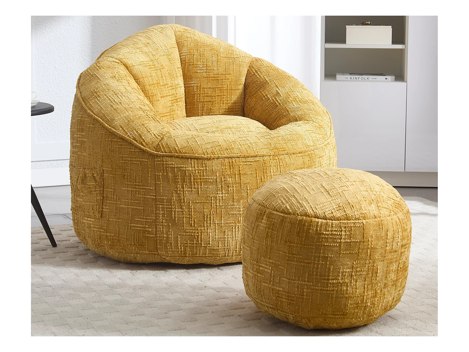 Pouf poire velours chenille jaune - ultra confortable – repose‑pieds inclus – poches latérales – parfait pour salon et chambre