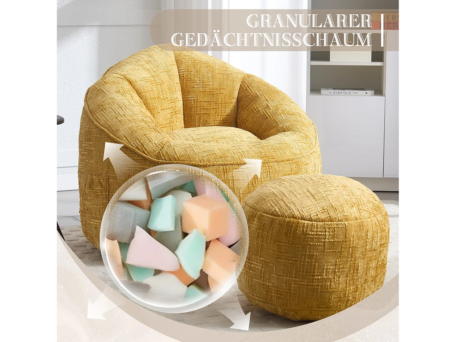 Pouf poire velours chenille jaune - ultra confortable – repose‑pieds inclus – poches latérales – parfait pour salon et chambre