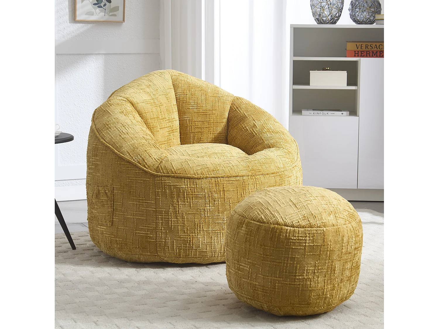 Pouf poire velours chenille jaune - ultra confortable – repose‑pieds inclus – poches latérales – parfait pour salon et chambre