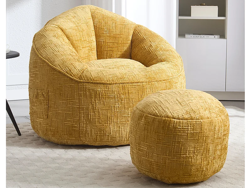 Pouf poire velours chenille jaune - ultra confortable – repose‑pieds inclus – poches latérales – parfait pour salon et chambre