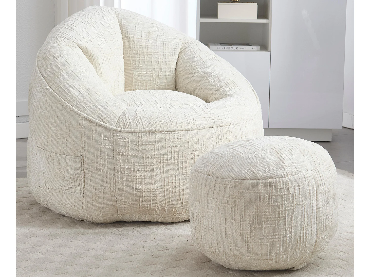 Pouf poire velours chenille beige - ultra confortable – repose‑pieds inclus – poches latérales – parfait pour salon et chambre