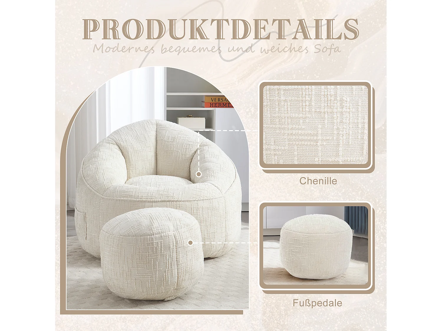 Pouf poire velours chenille beige - ultra confortable – repose‑pieds inclus – poches latérales – parfait pour salon et chambre