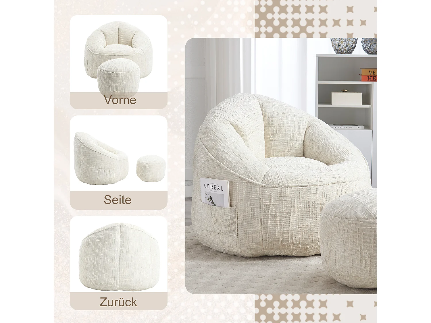 Pouf poire velours chenille beige - ultra confortable – repose‑pieds inclus – poches latérales – parfait pour salon et chambre