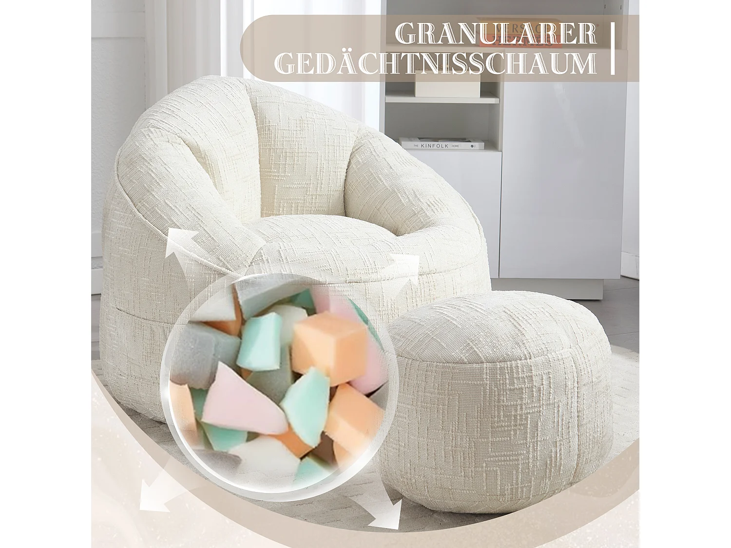 Pouf poire velours chenille beige - ultra confortable – repose‑pieds inclus – poches latérales – parfait pour salon et chambre
