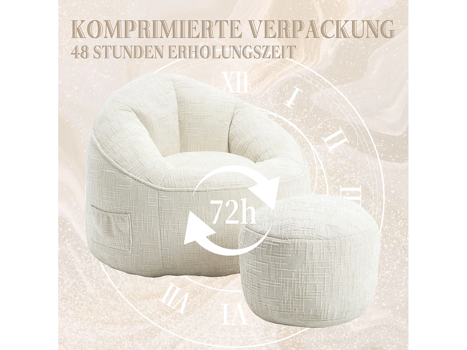Pouf poire velours chenille beige - ultra confortable – repose‑pieds inclus – poches latérales – parfait pour salon et chambre