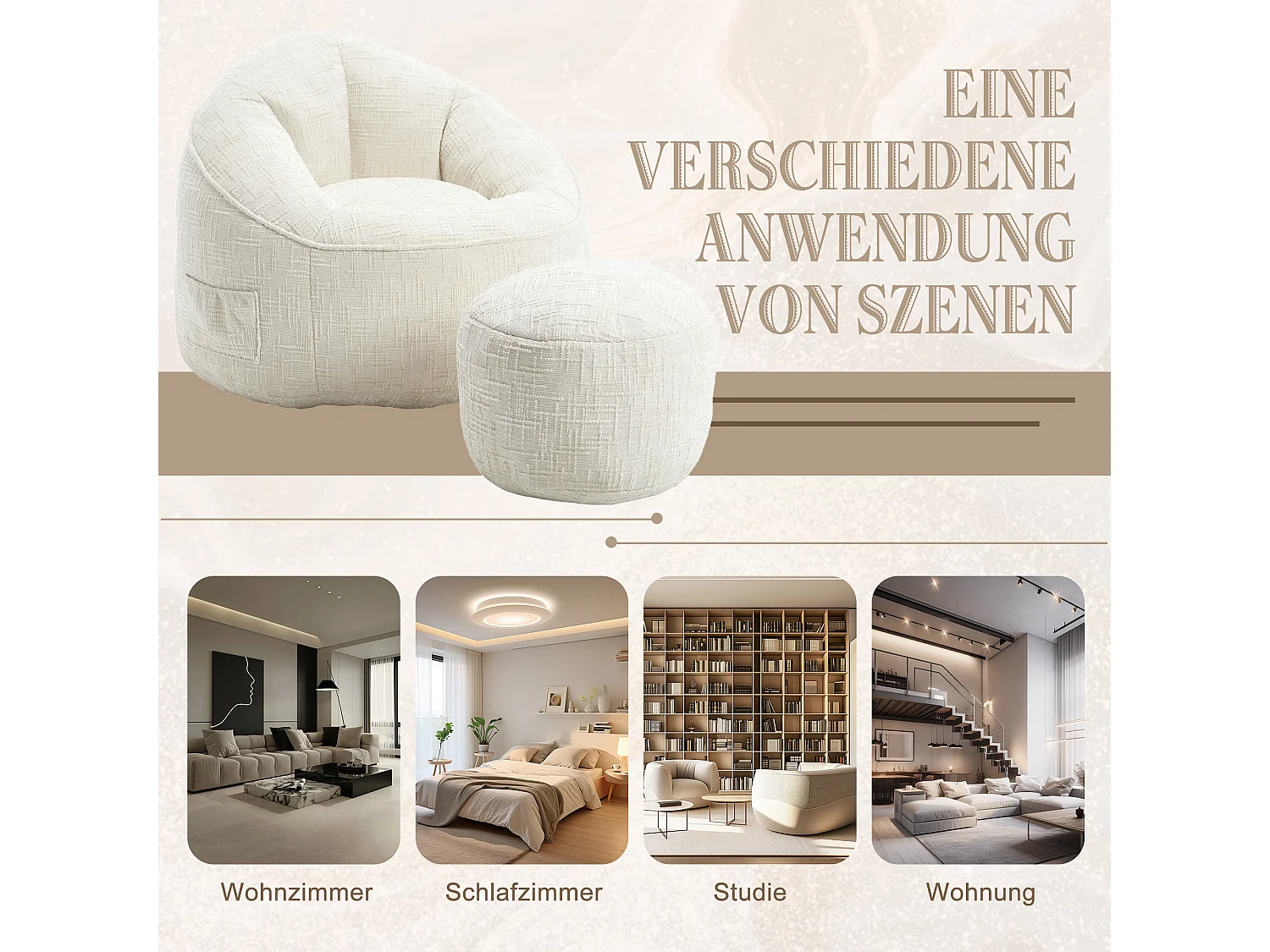 Pouf poire velours chenille beige - ultra confortable – repose‑pieds inclus – poches latérales – parfait pour salon et chambre