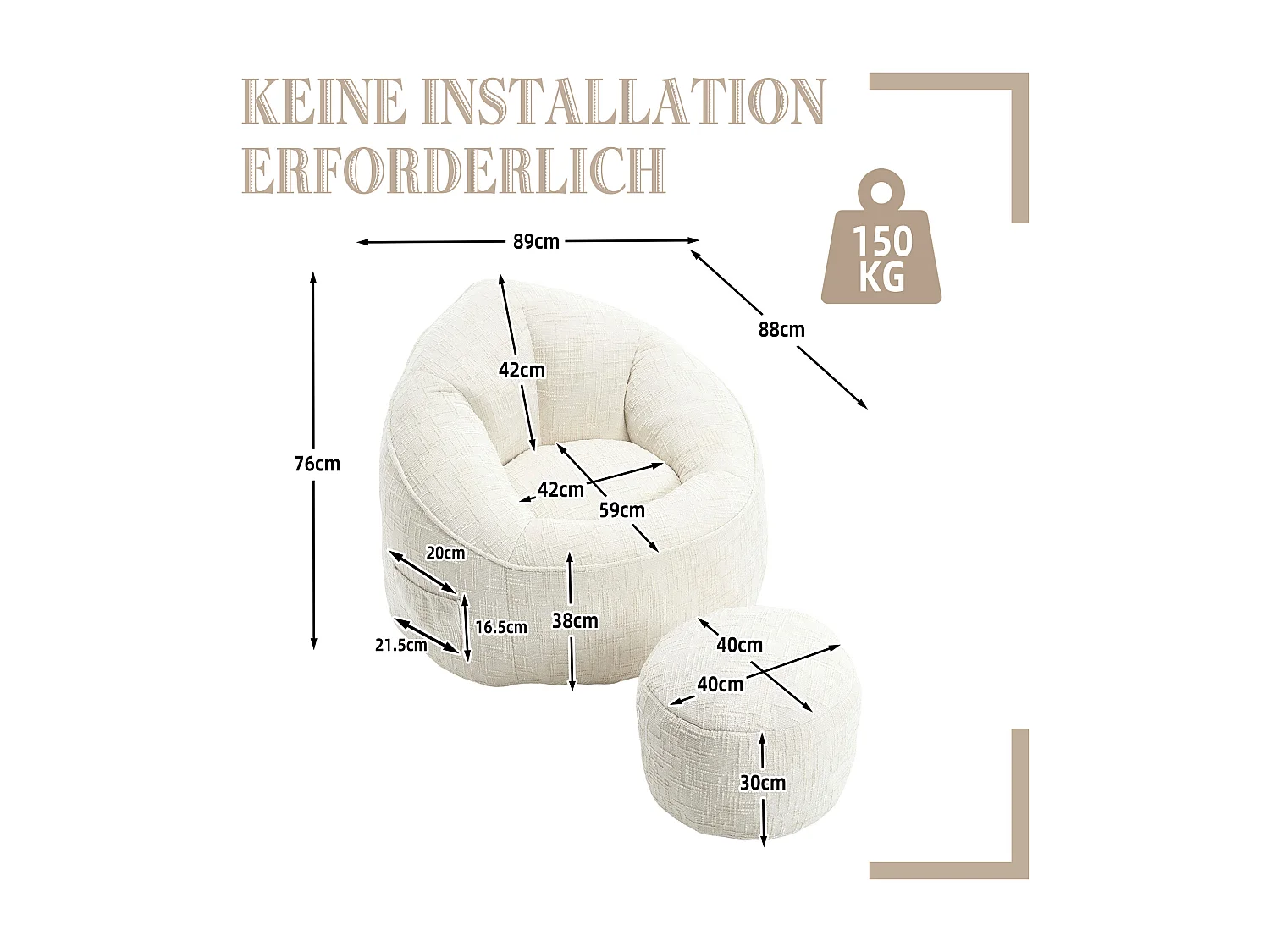 Pouf poire velours chenille beige - ultra confortable – repose‑pieds inclus – poches latérales – parfait pour salon et chambre