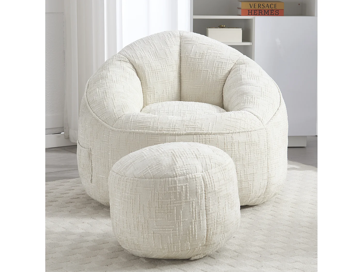 Pouf poire velours chenille beige - ultra confortable – repose‑pieds inclus – poches latérales – parfait pour salon et chambre