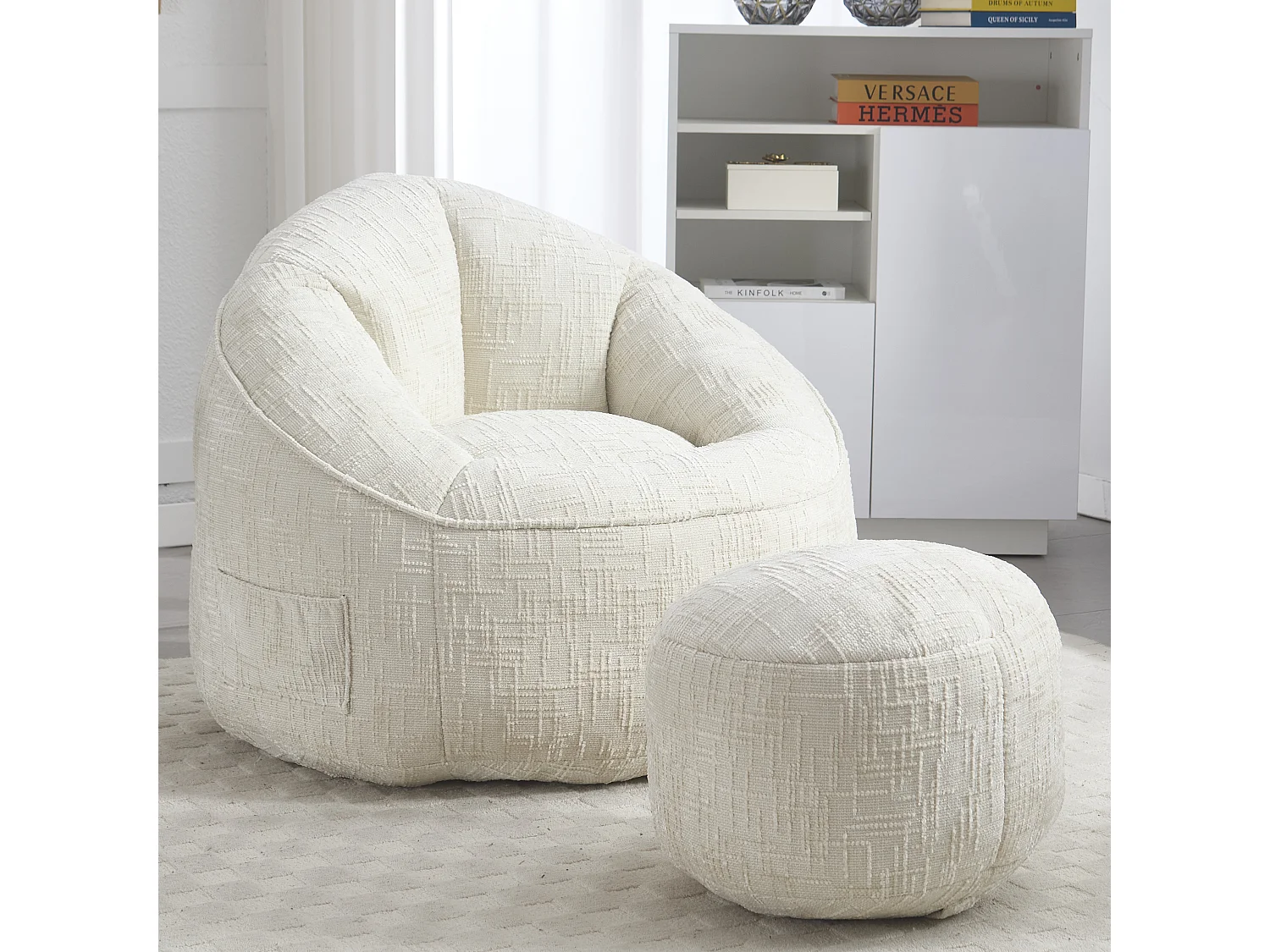 Pouf poire velours chenille beige - ultra confortable – repose‑pieds inclus – poches latérales – parfait pour salon et chambre