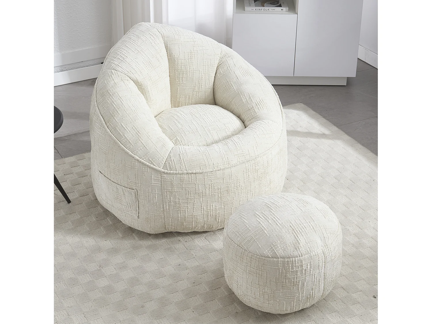 Pouf poire velours chenille beige - ultra confortable – repose‑pieds inclus – poches latérales – parfait pour salon et chambre