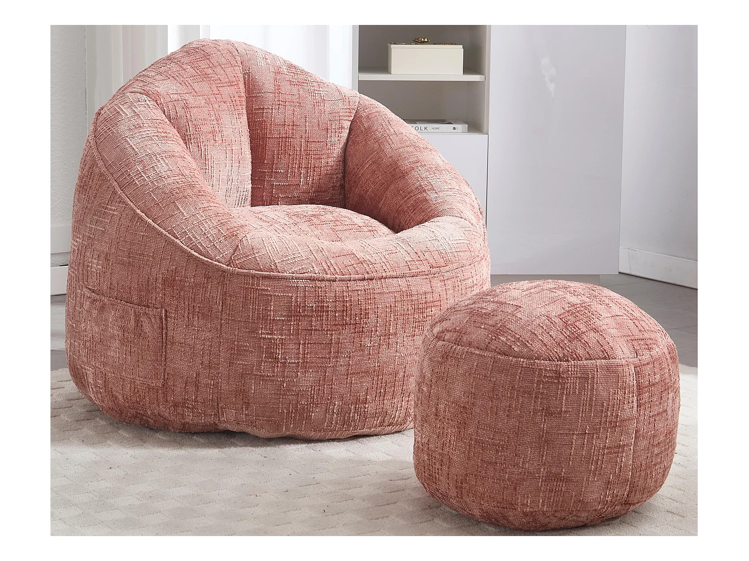 Pouf poire velours chenille rose - ultra confortable – repose‑pieds inclus – poches latérales – parfait pour salon et chambre