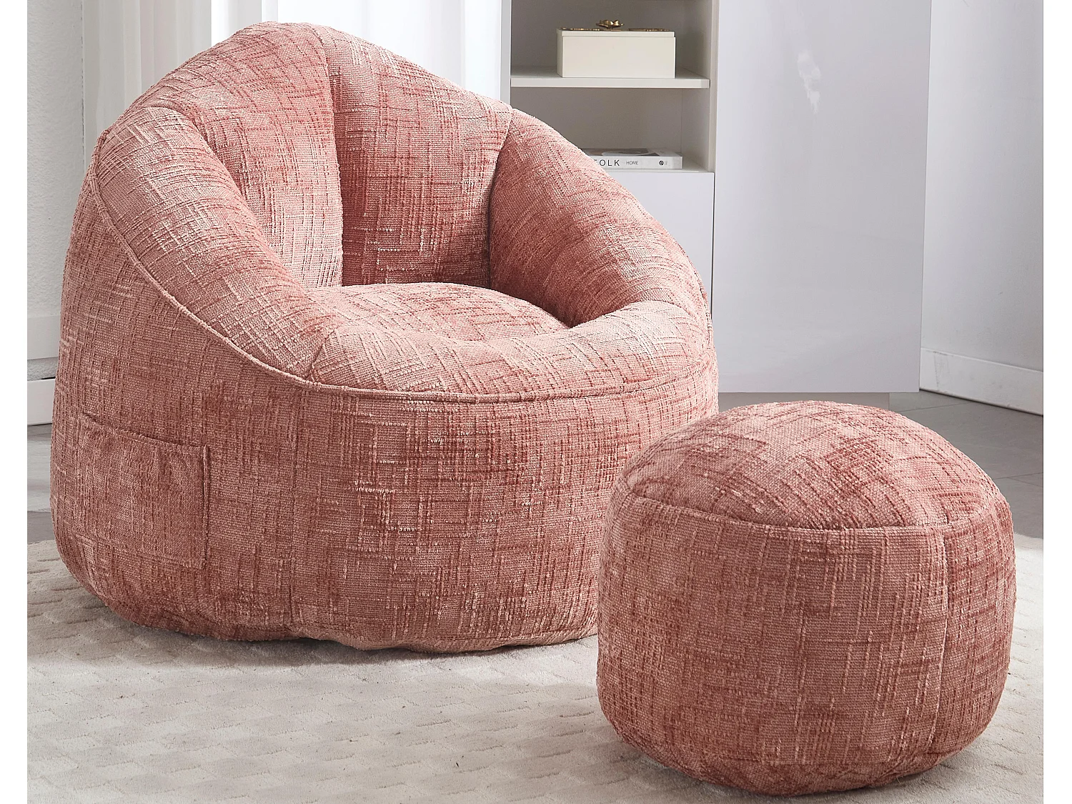 Pouf poire velours chenille rose - ultra confortable – repose‑pieds inclus – poches latérales – parfait pour salon et chambre