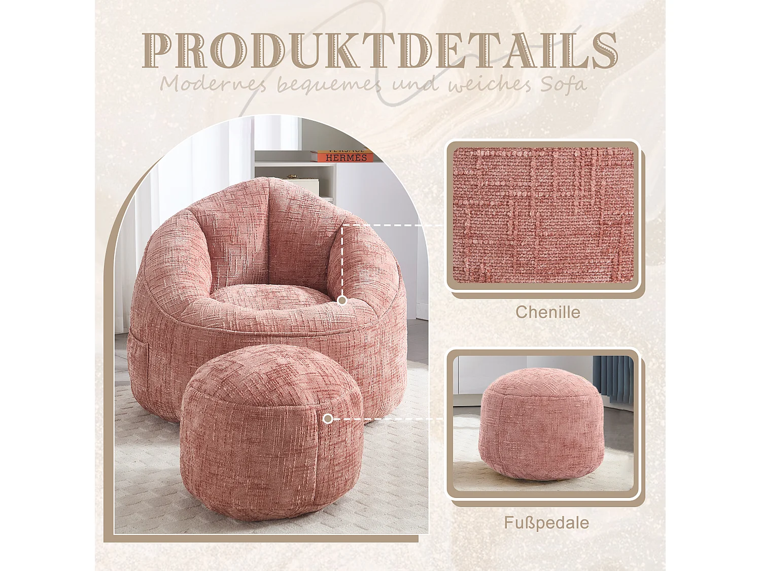 Pouf poire velours chenille rose - ultra confortable – repose‑pieds inclus – poches latérales – parfait pour salon et chambre
