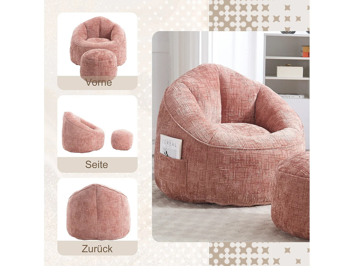 Pouf poire velours chenille rose - ultra confortable – repose‑pieds inclus – poches latérales – parfait pour salon et chambre